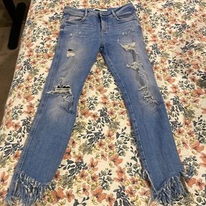 Zara ripped crop jeans with fringe bottom